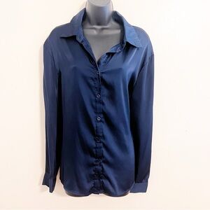 SHEIN blue satin button down shirt